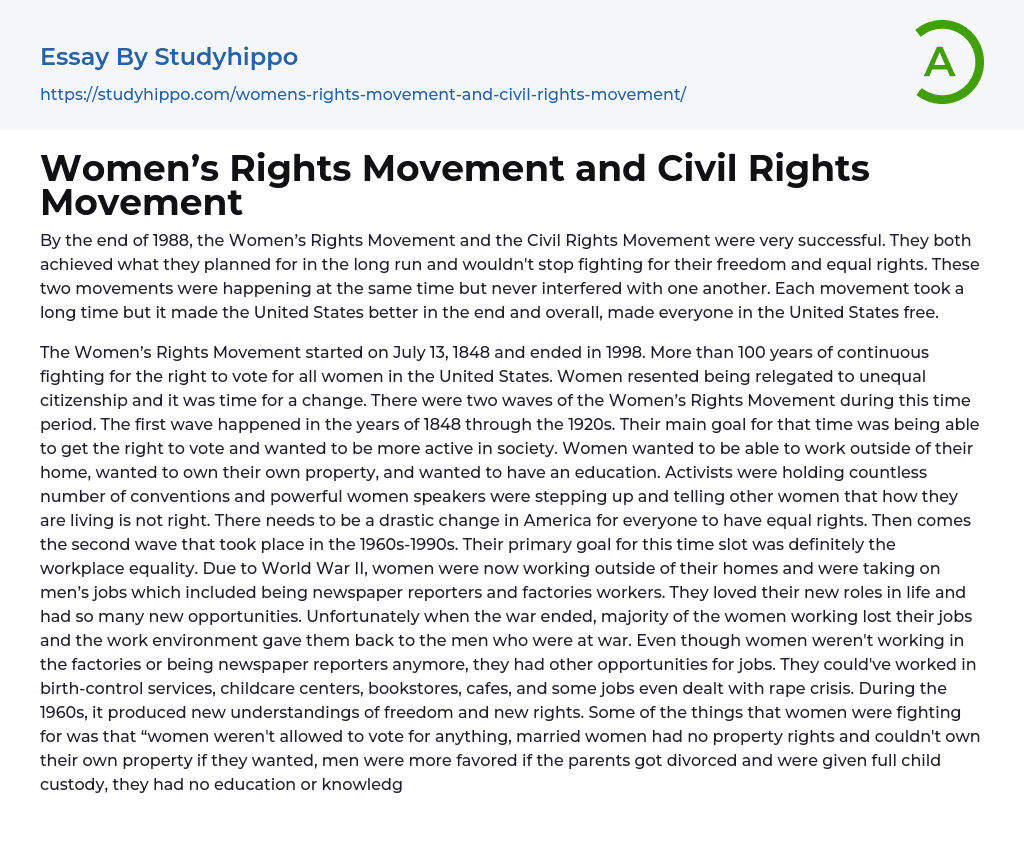 Women’s Rights Movement and Civil Rights Movement Essay Example