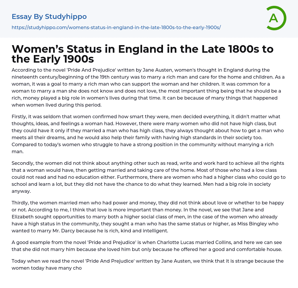 Women’s Status in England in the Late 1800s to the Early 1900s Essay Example