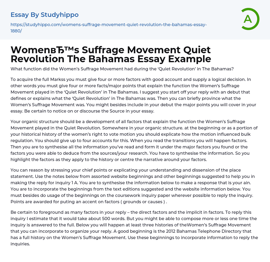 Women’s Suffrage Movement Quiet Revolution The Bahamas Essay Example
