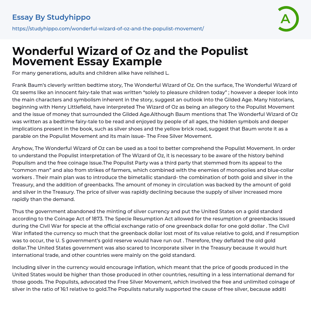 Wonderful Wizard of Oz and the Populist Movement Essay Example