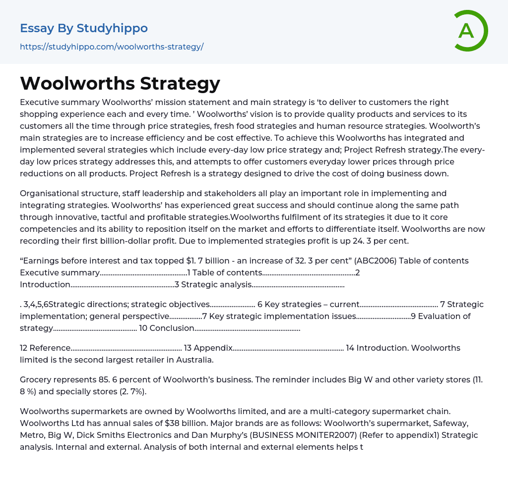 Woolworths Strategy Essay Example