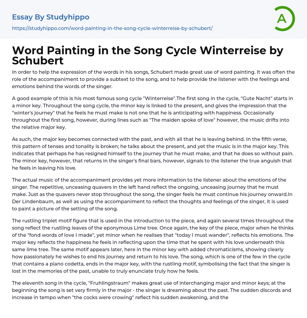 Word Painting in the Song Cycle Winterreise by Schubert Essay Example