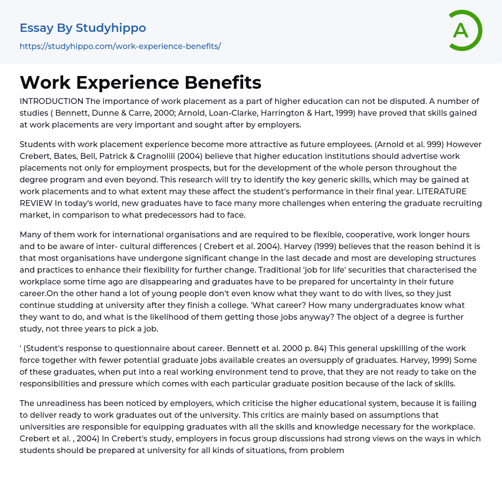 Work Experience Benefits Essay Example