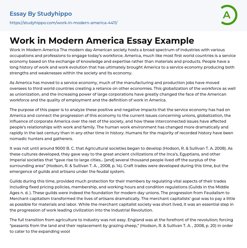 Work in Modern America Essay Example