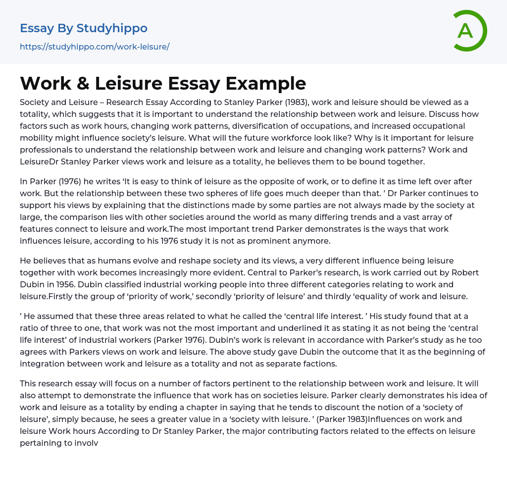 Work & Leisure Essay Example
