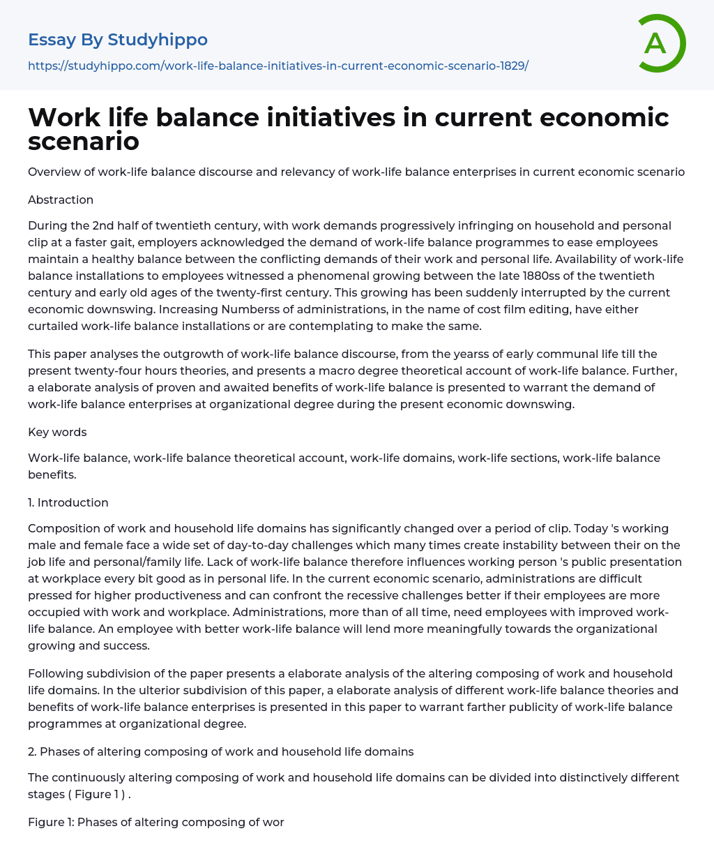 Work life balance initiatives in current economic scenario Essay Example