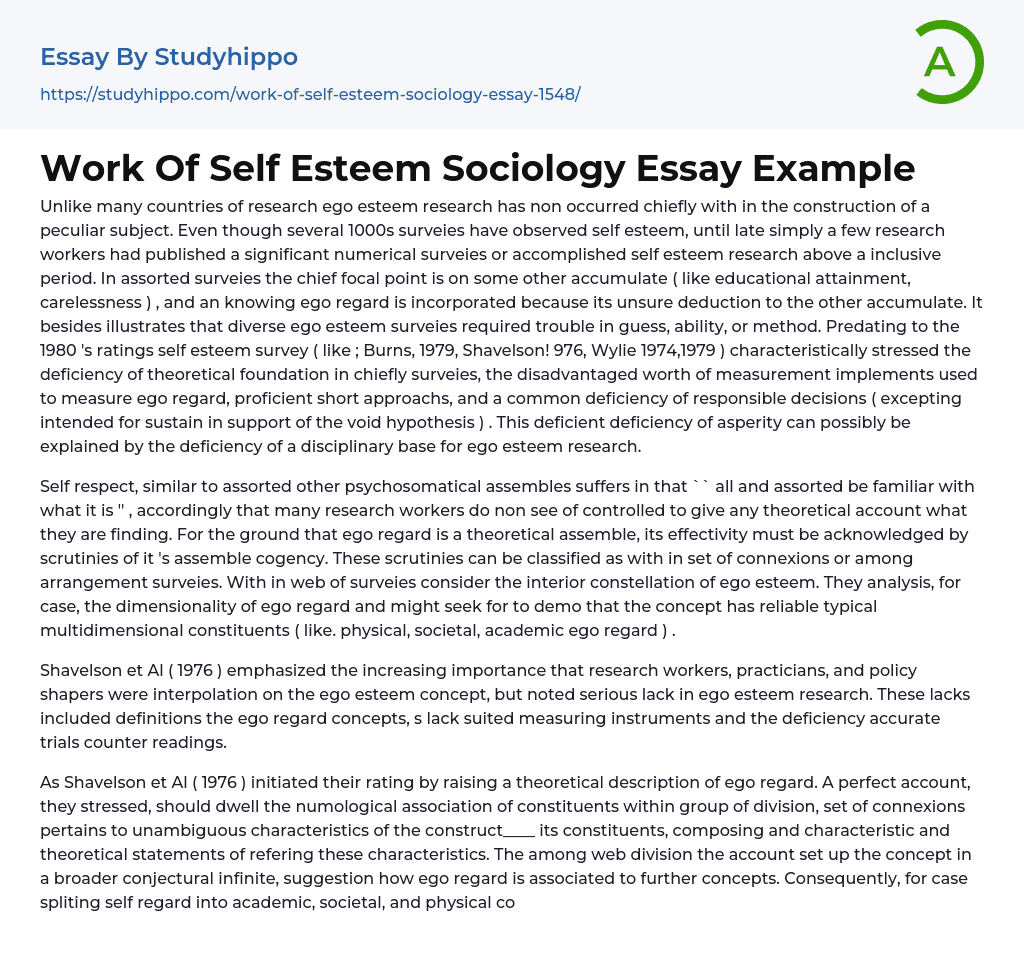 Work Of Self Esteem Sociology Essay Example