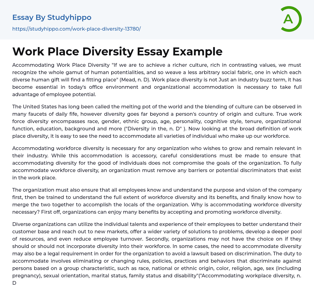 Work Place Diversity Essay Example