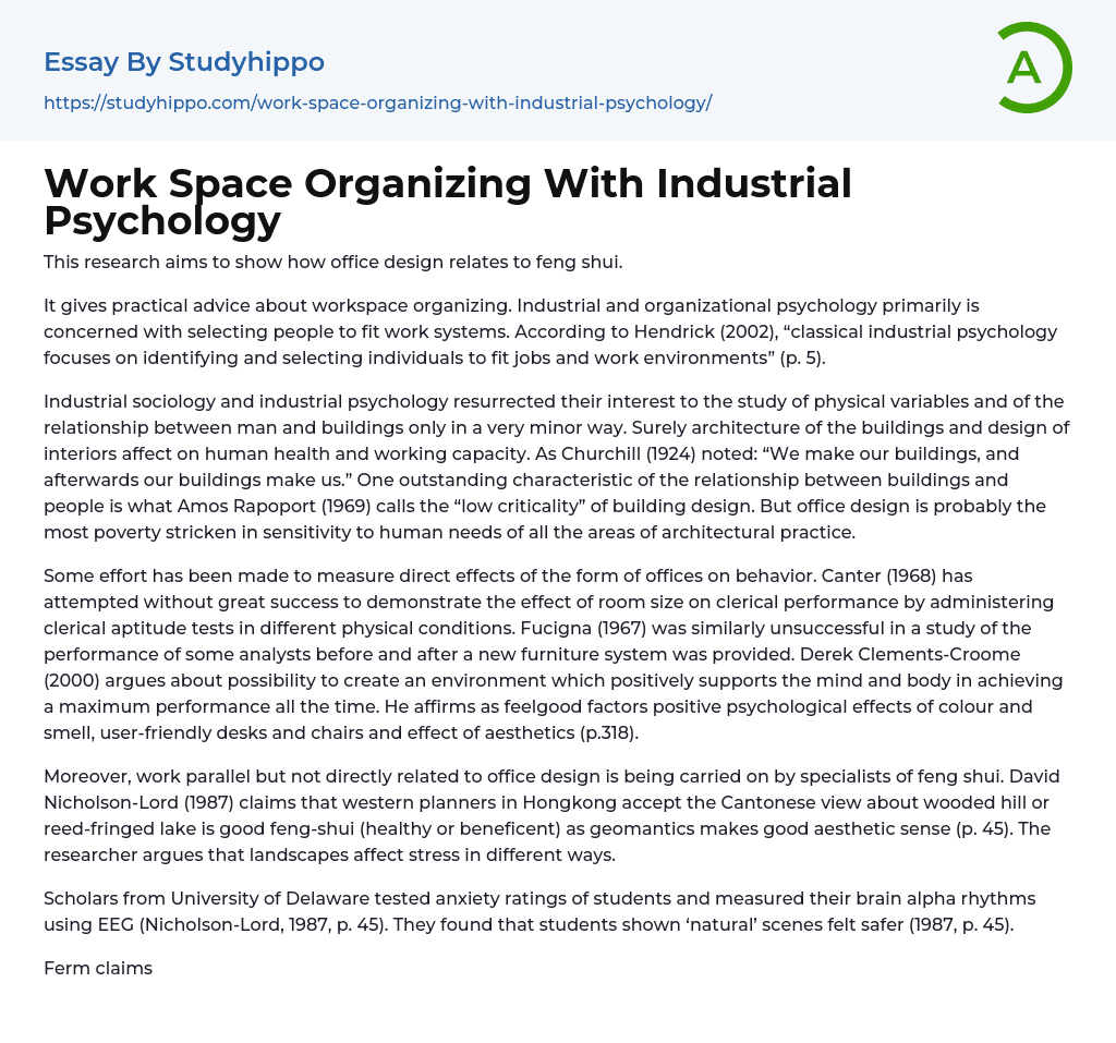 Work Space Organizing With Industrial Psychology Essay Example