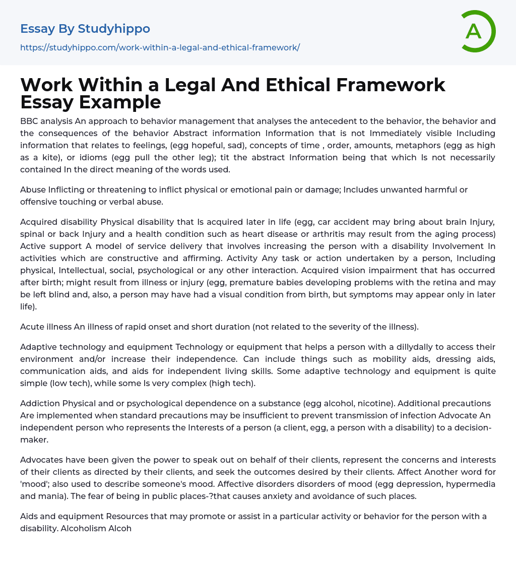 Work Within a Legal And Ethical Framework Essay Example