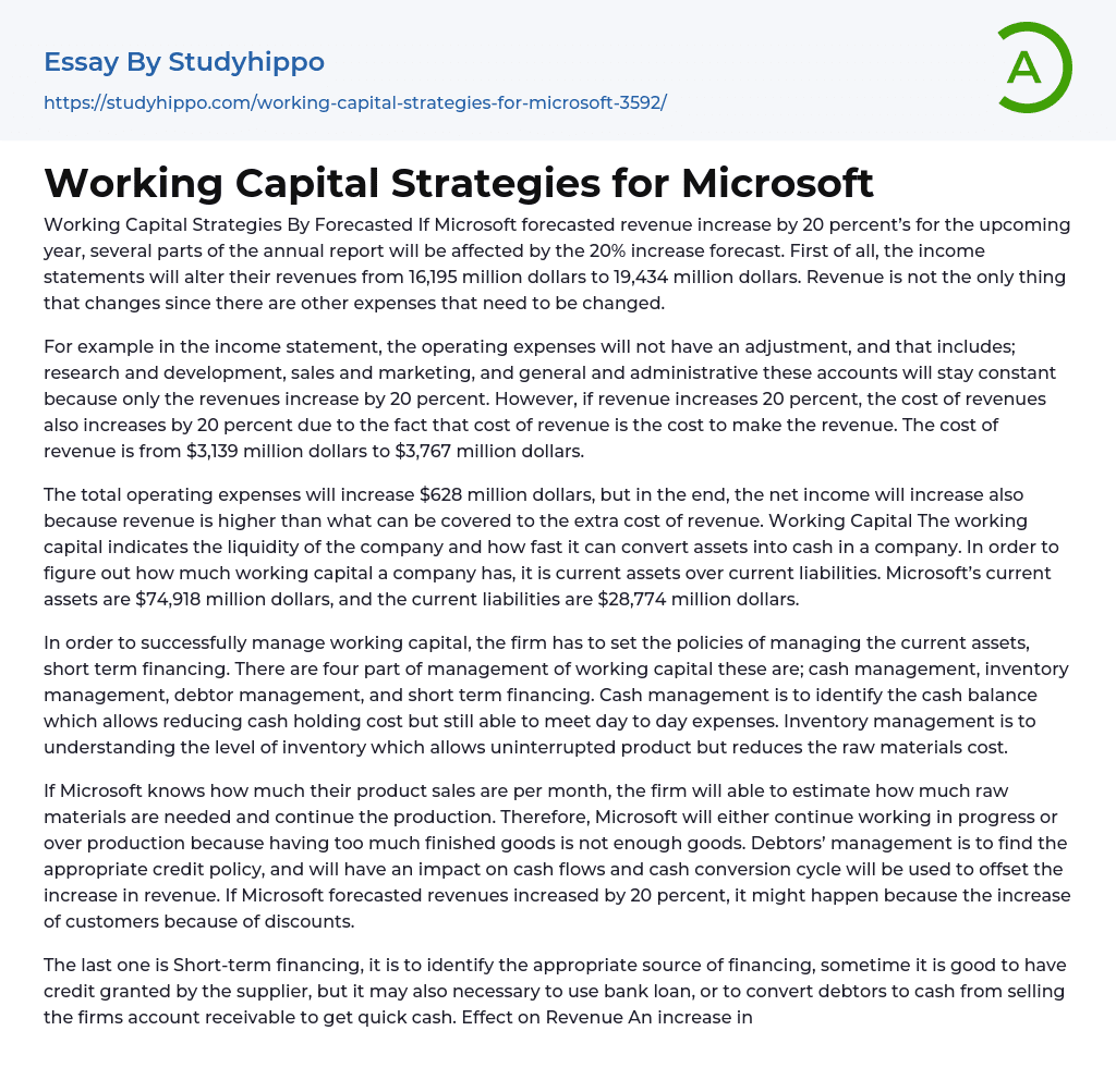 Working Capital Strategies for Microsoft Essay Example