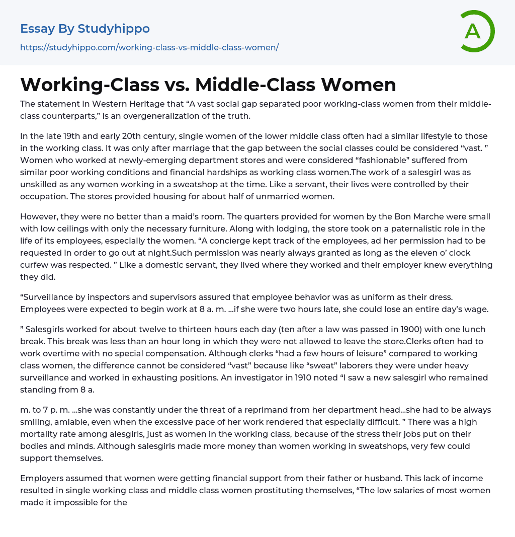 Working-Class vs. Middle-Class Women Essay Example