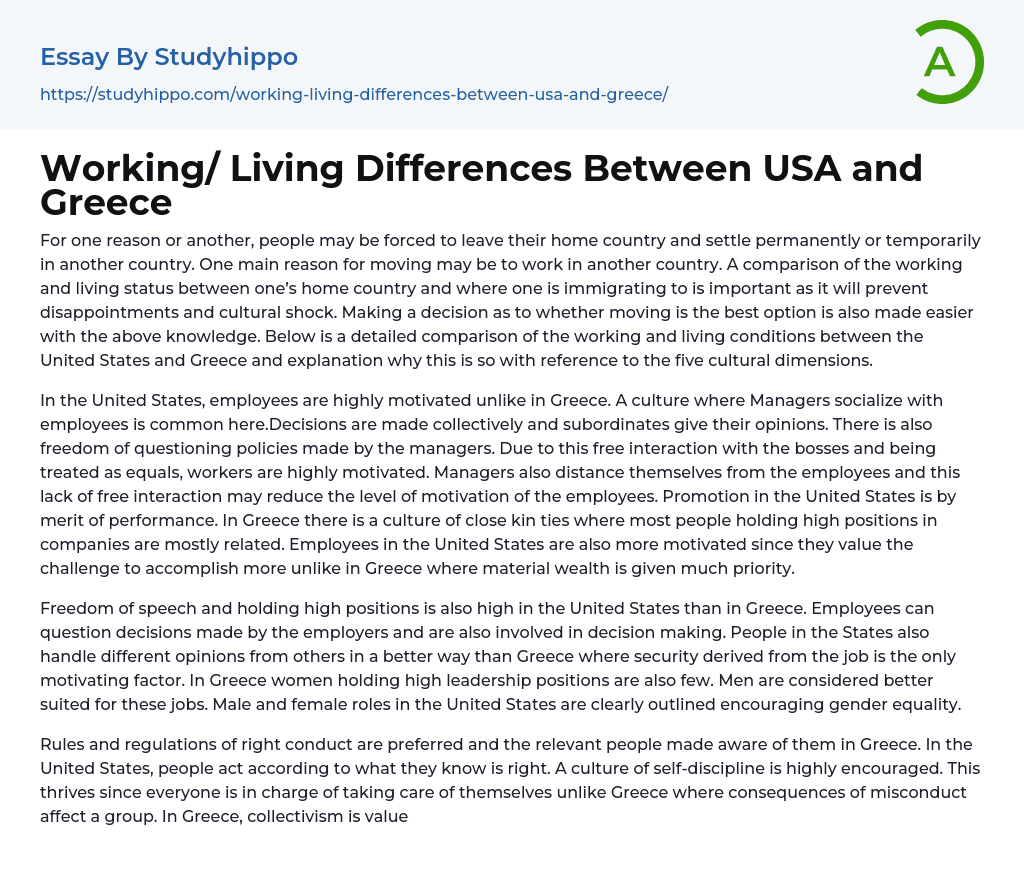 Working/ Living Differences Between USA and Greece Essay Example