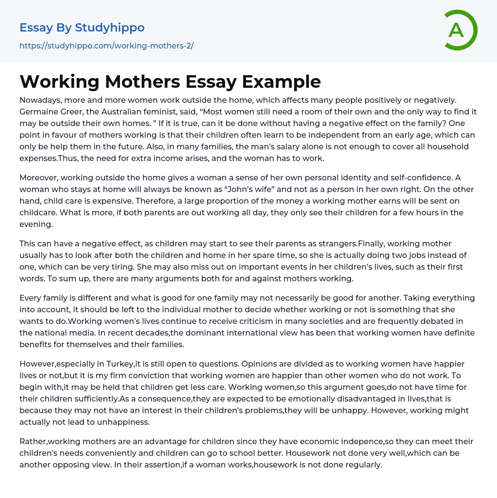 Working Mothers Essay Example