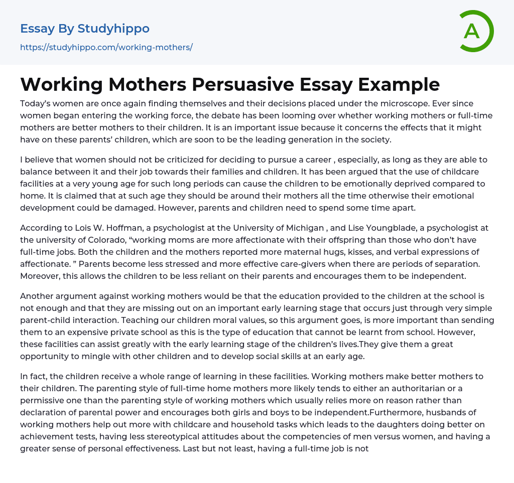 Working Mothers Persuasive Essay Example
