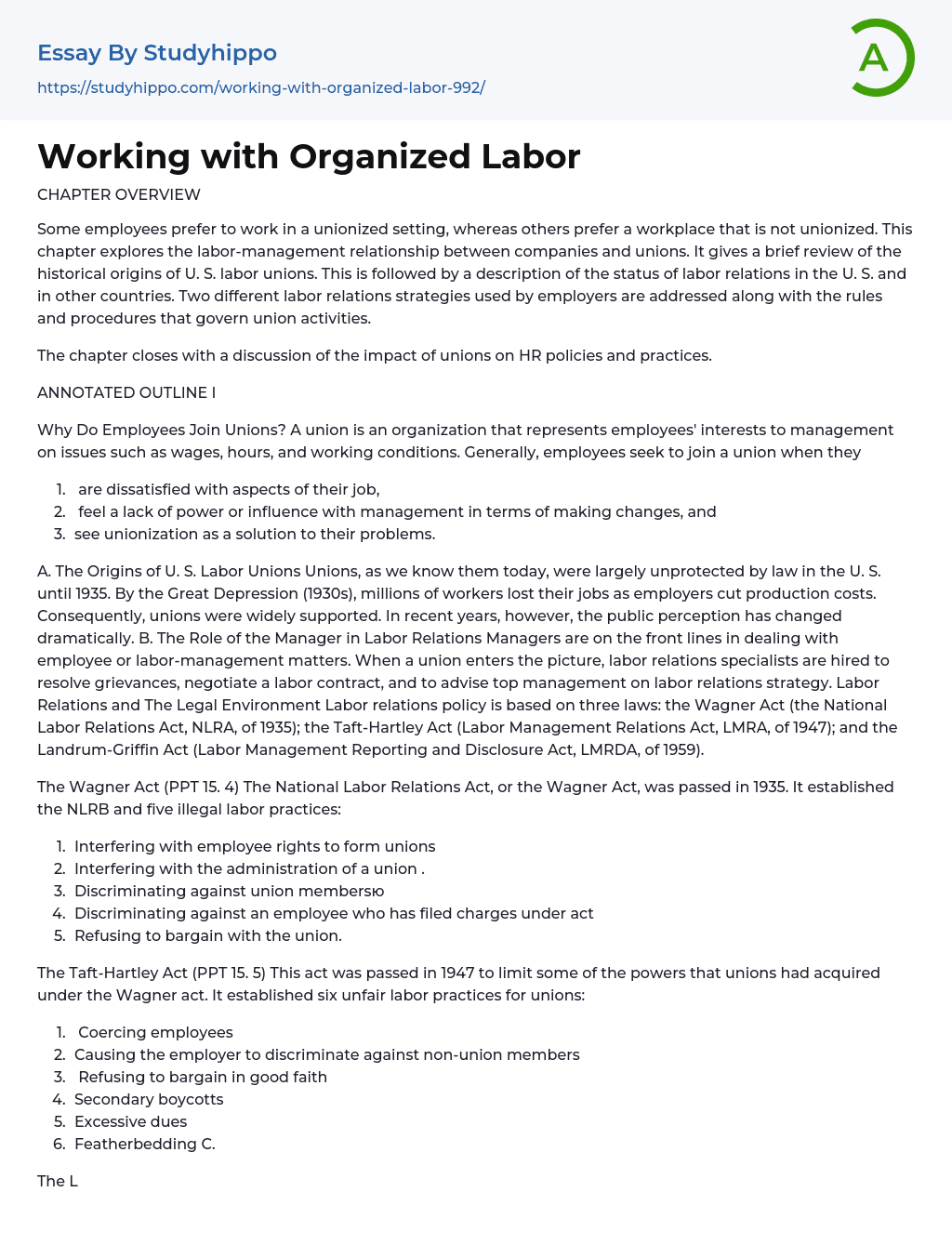Working with Organized Labor Essay Example