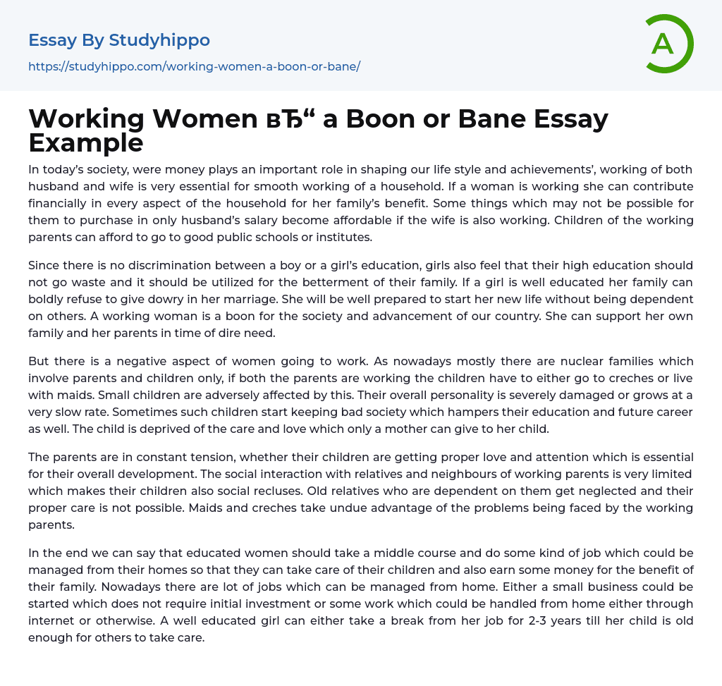 Working Women a Boon or Bane Essay Example