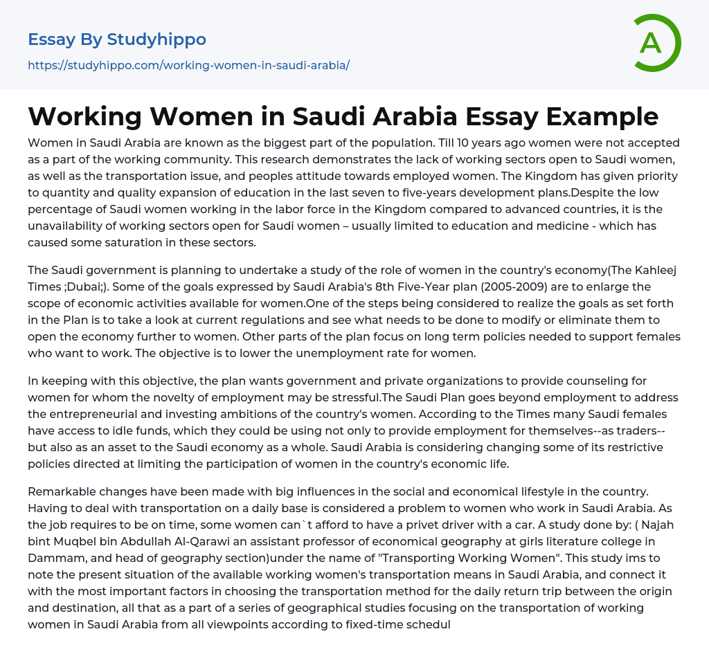 Working Women in Saudi Arabia Essay Example