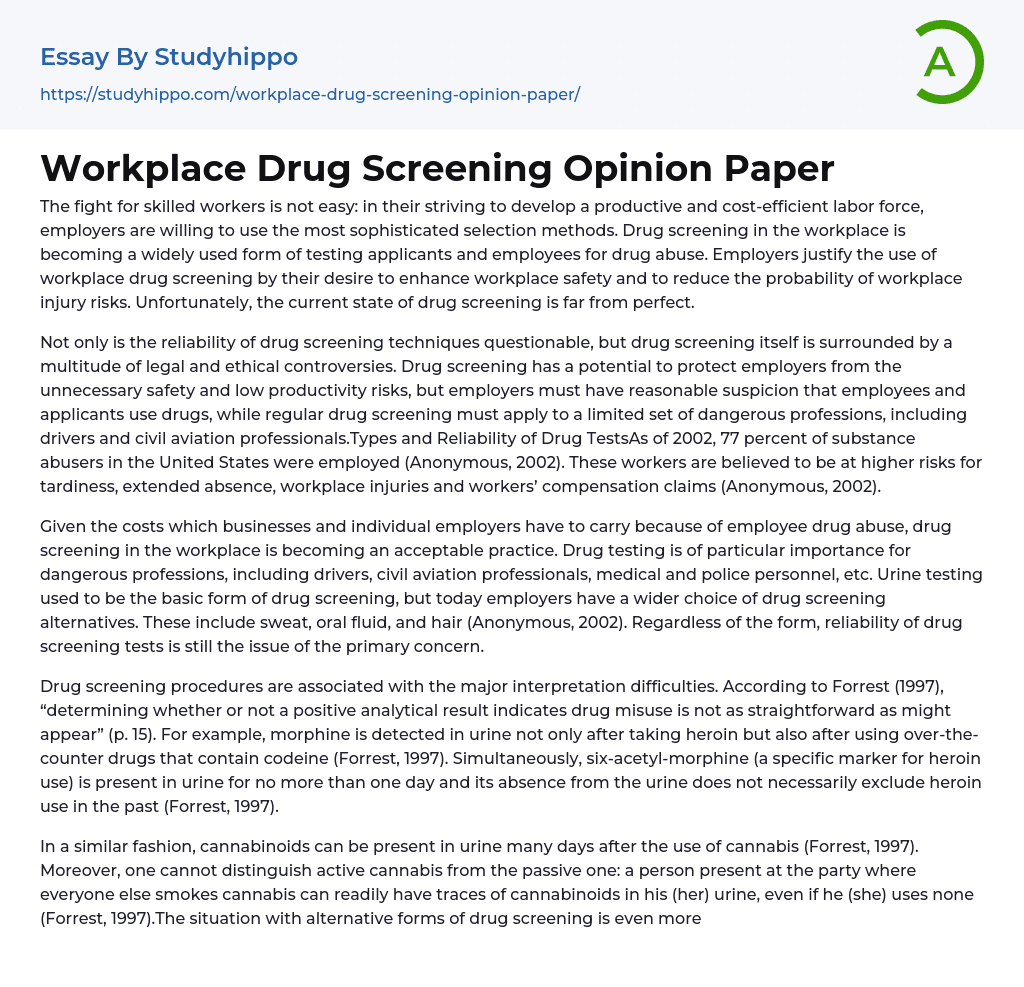 Workplace Drug Screening Opinion Paper Essay Example