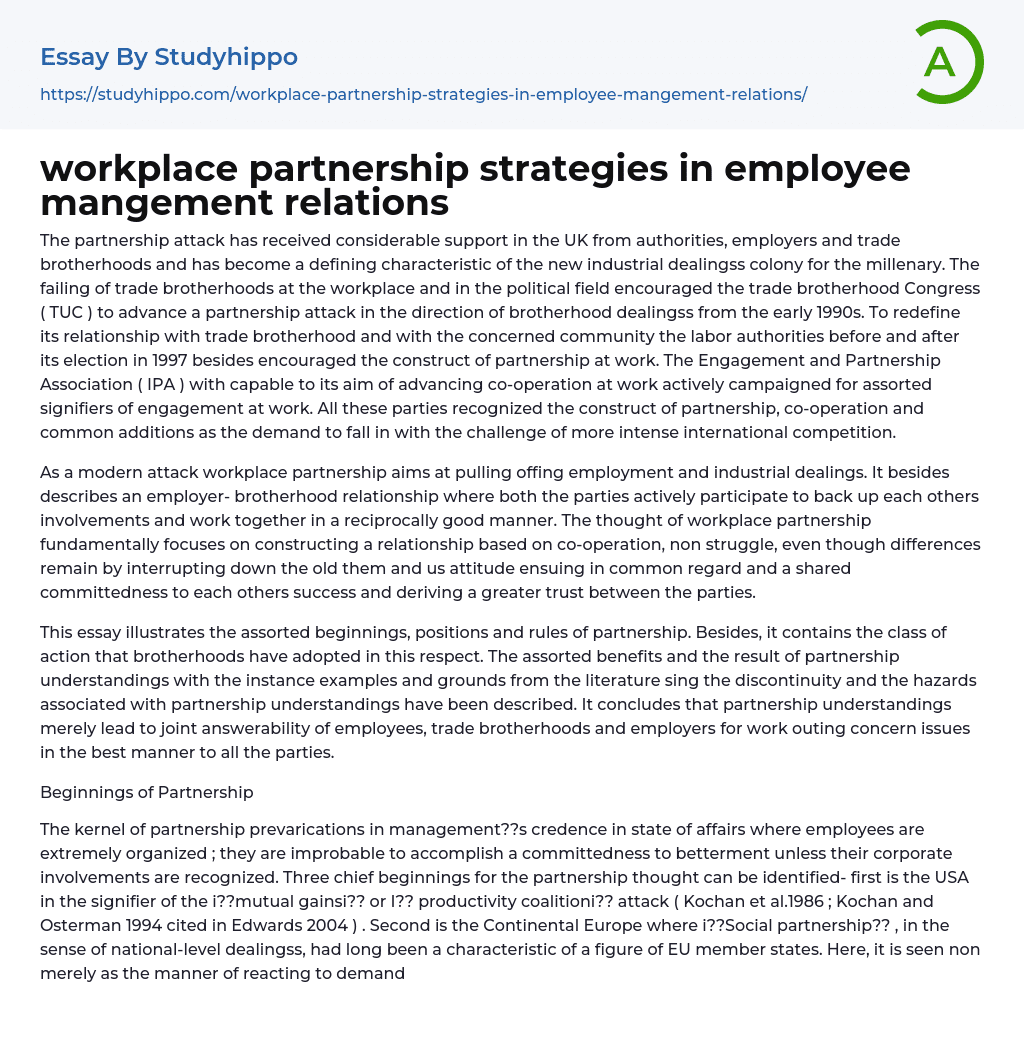workplace partnership strategies in employee mangement relations Essay Example