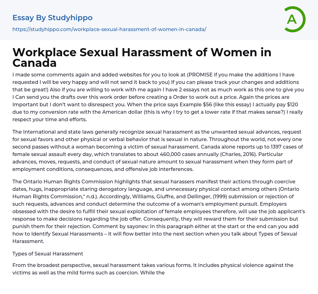 Workplace Sexual Harassment of Women in Canada Essay Example