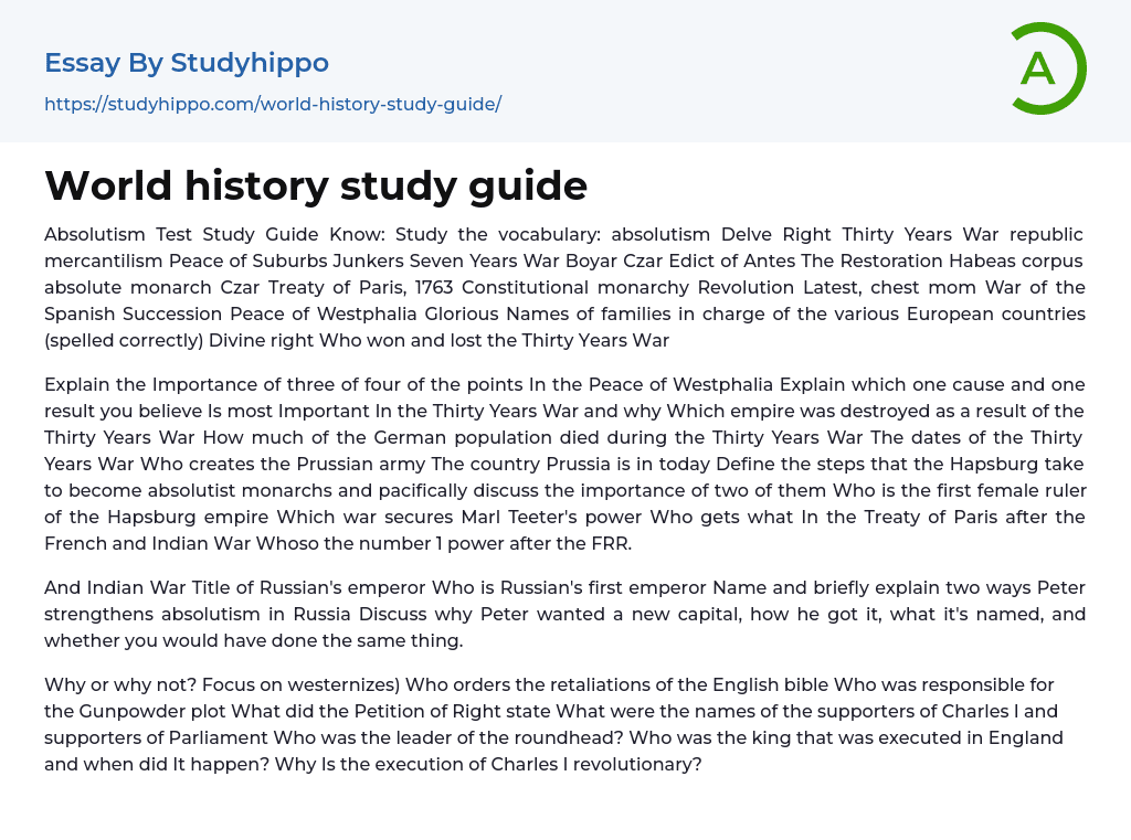 World history study guide Essay Example