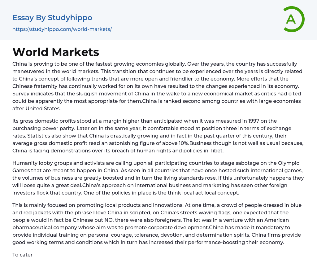 World Markets Essay Example