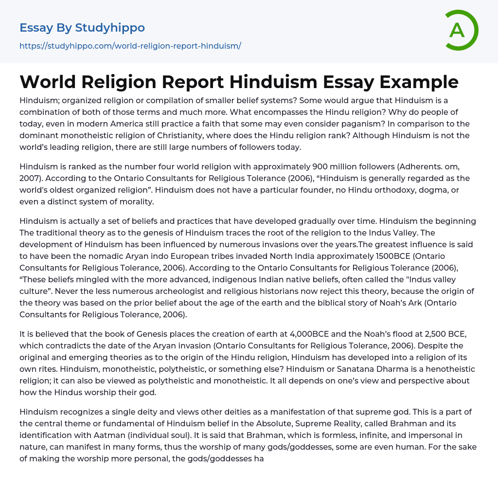 World Religion Report Hinduism Essay Example