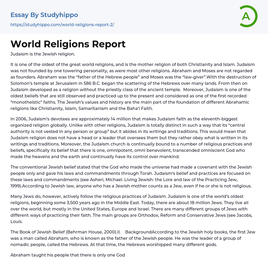World Religions Report Essay Example