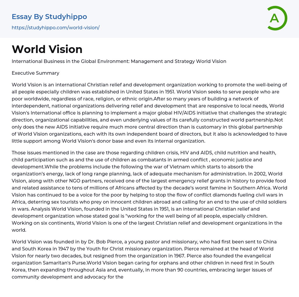 World Vision Essay Example