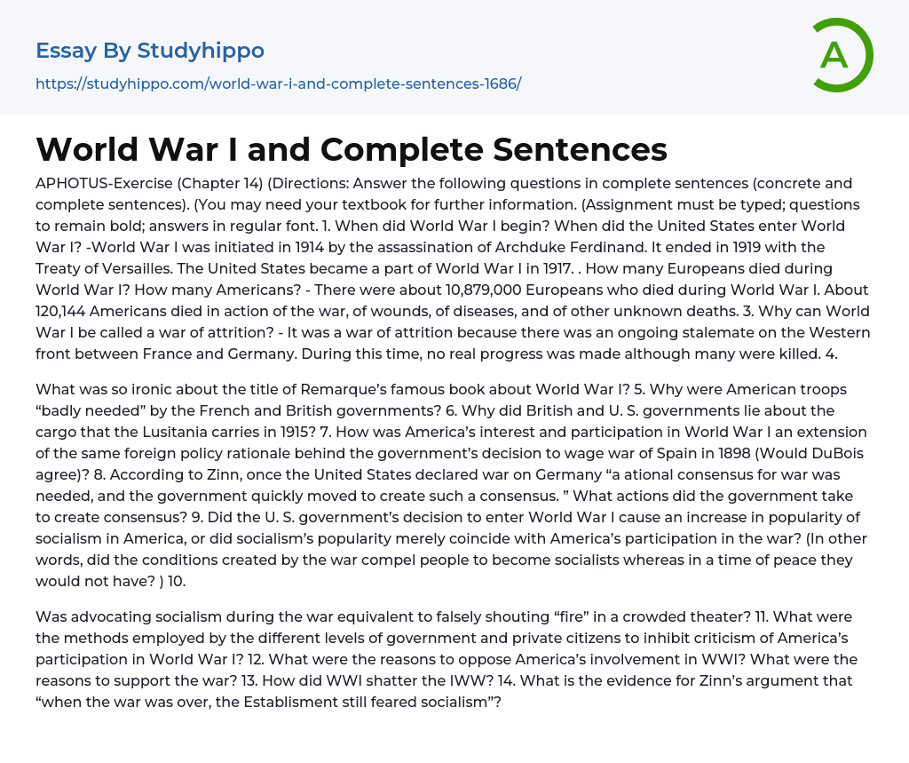 World War I and Complete Sentences Essay Example