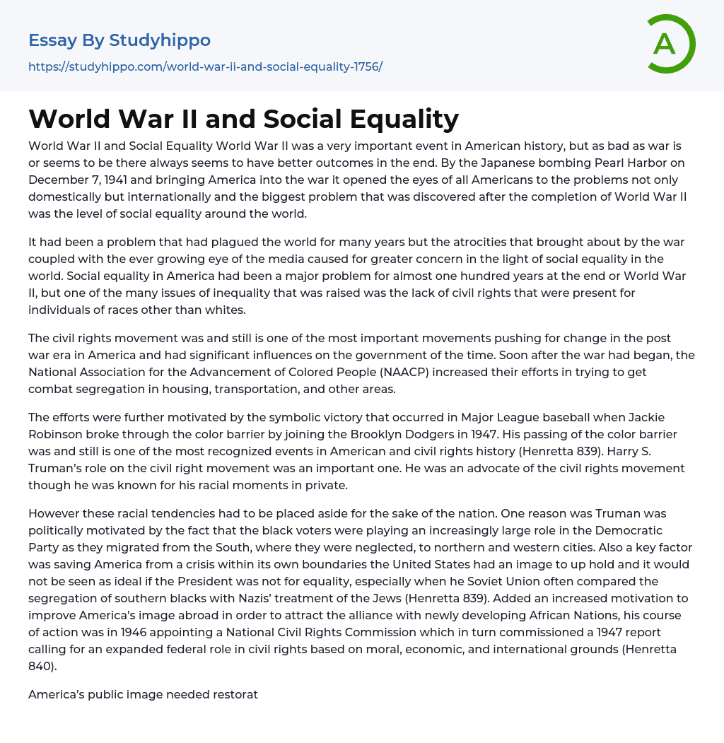 World War II and Social Equality Essay Example