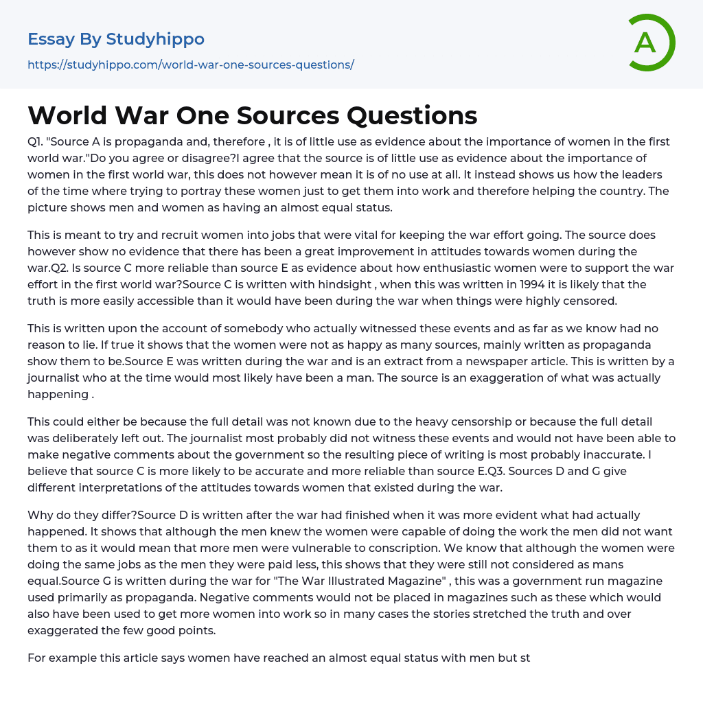 World War One Sources Questions Essay Example