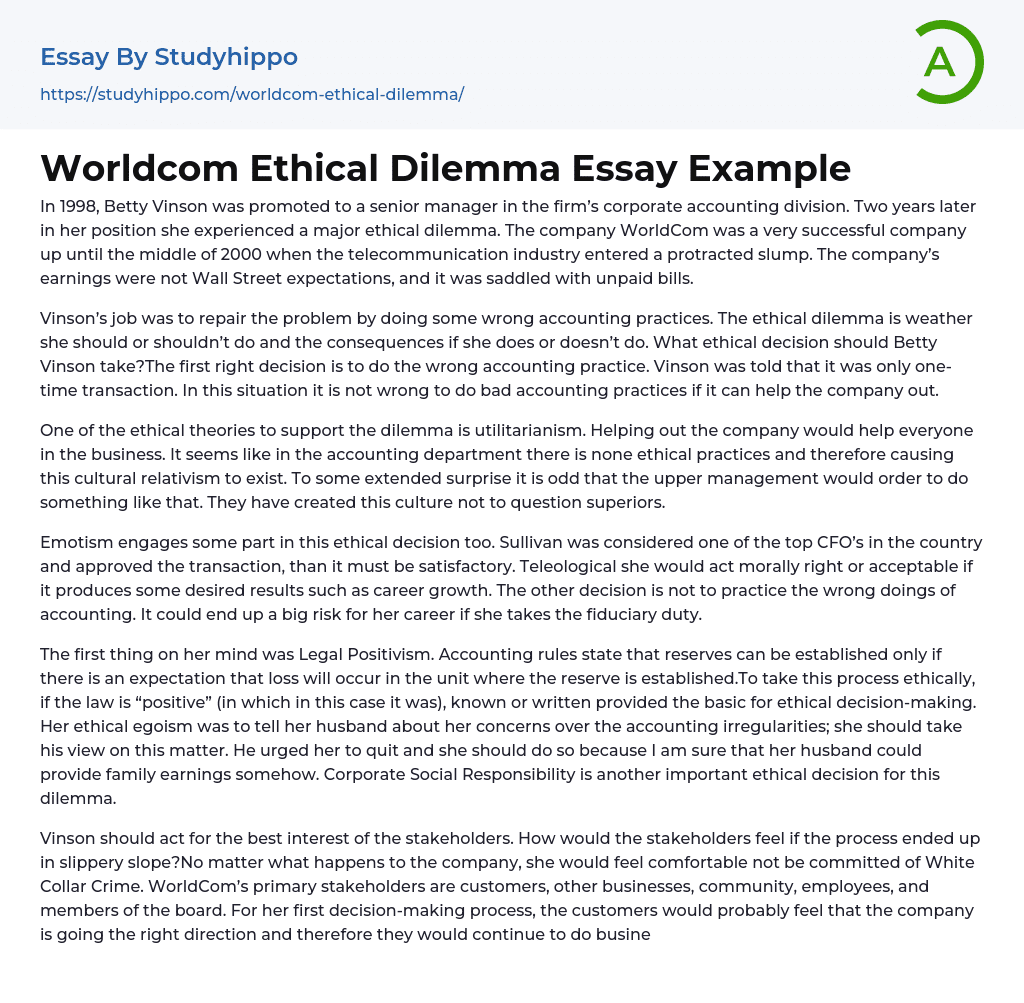 Worldcom Ethical Dilemma Essay Example