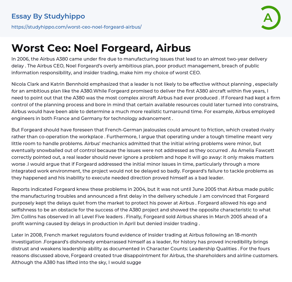 Worst Ceo: Noel Forgeard, Airbus Essay Example