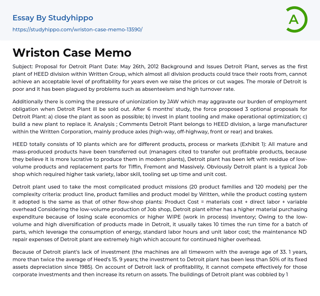 Wriston Case Memo Essay Example