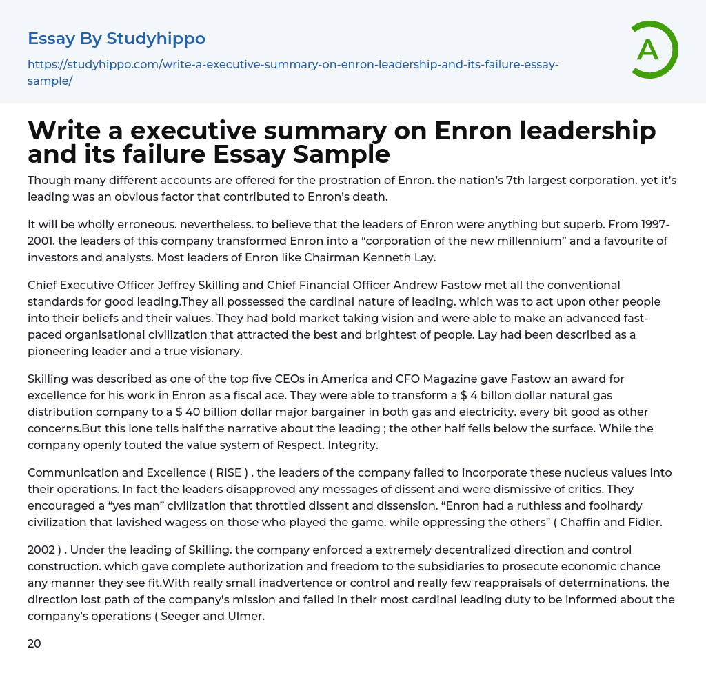 Write a executive summary on Enron leadership and its failure Essay Sample