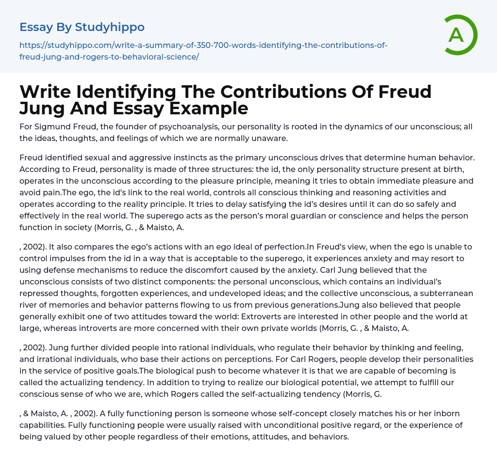 Write Identifying The Contributions Of Freud Jung And Essay Example