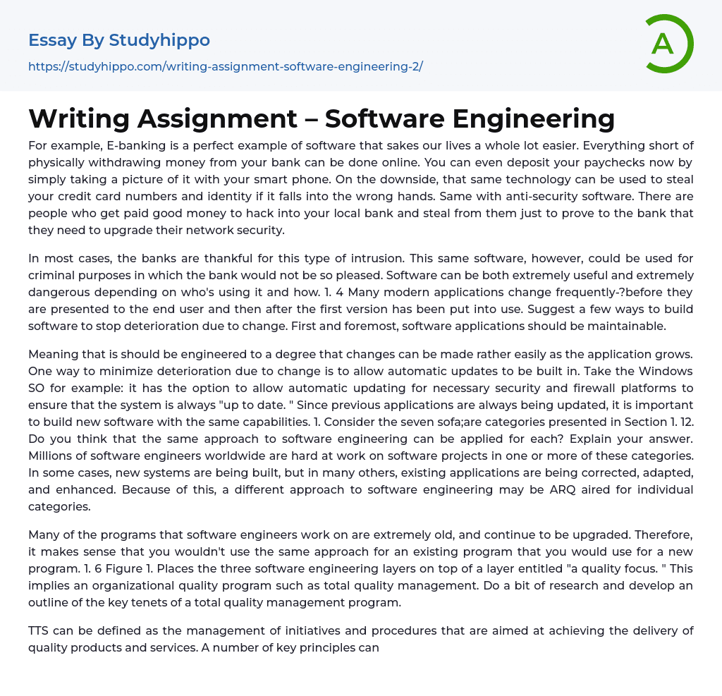 Writing Assignment – Software Engineering Essay Example