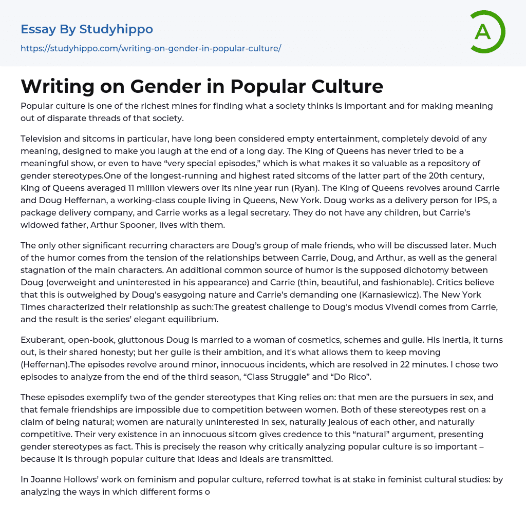 Writing on Gender in Popular Culture Essay Example