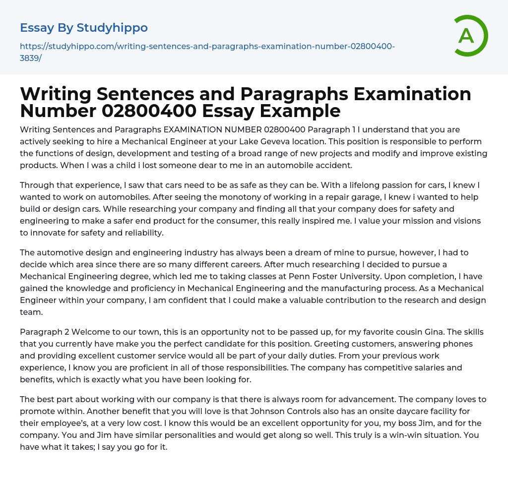 Writing Sentences and Paragraphs Examination Number 02800400 Essay Example