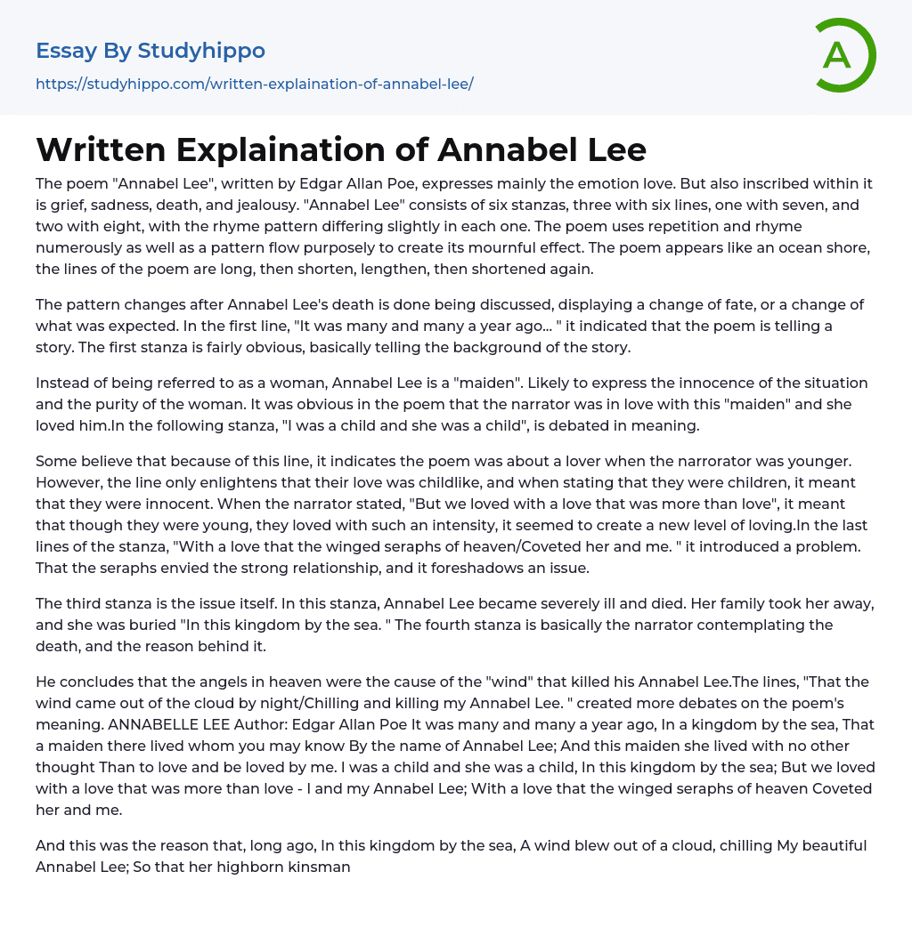 Written Explaination of Annabel Lee Essay Example
