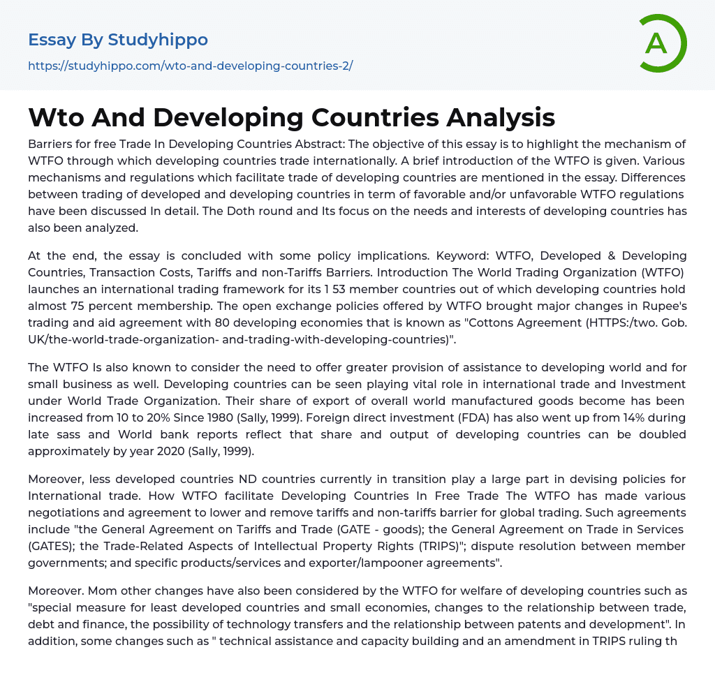 Wto And Developing Countries Analysis Essay Example