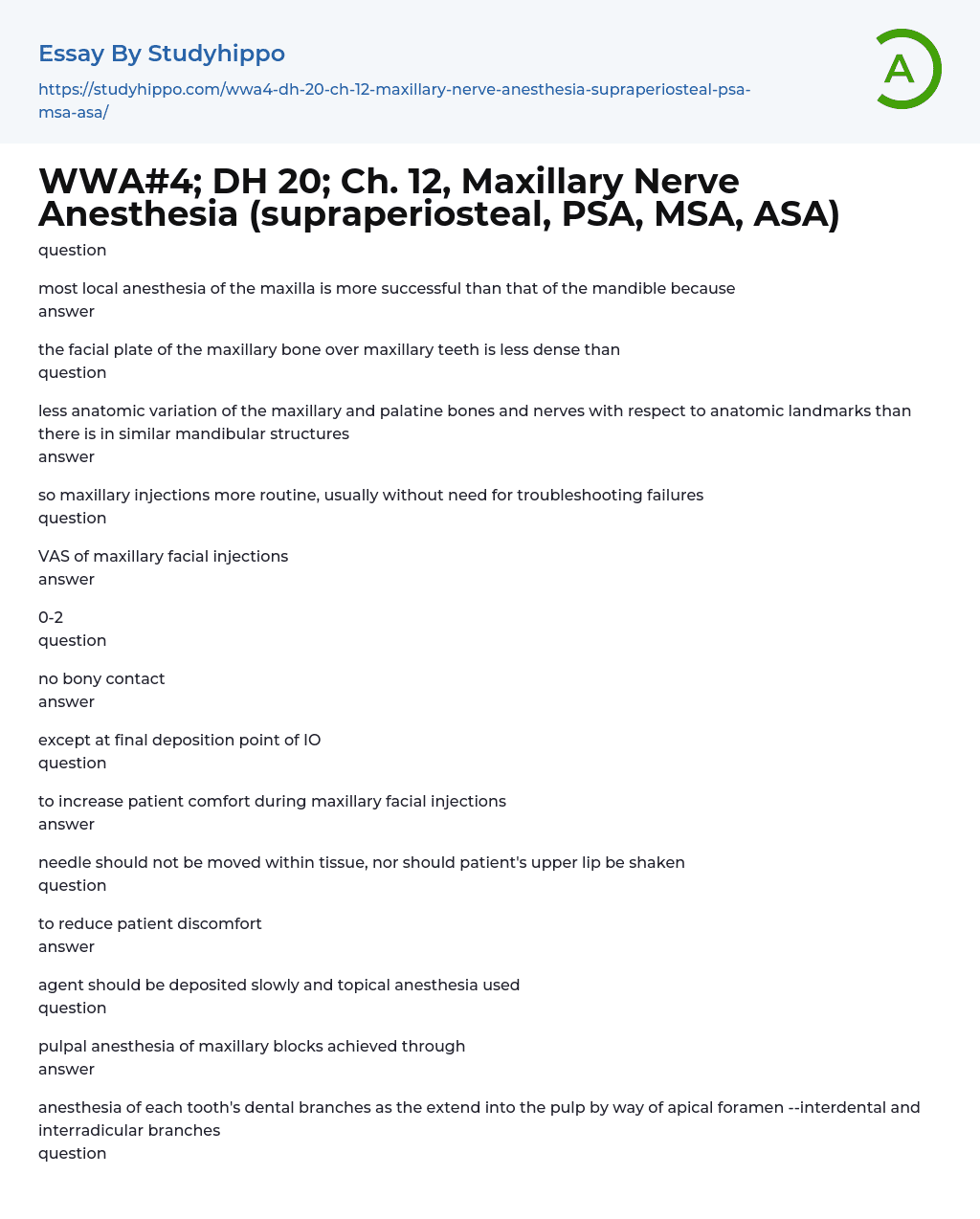 WWA#4; DH 20; Ch. 12, Maxillary Nerve Anesthesia (supraperiosteal, PSA, MSA, ASA) Essay Example