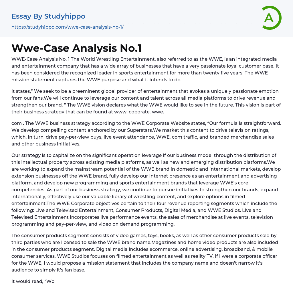 Wwe-Case Analysis No.1 Essay Example
