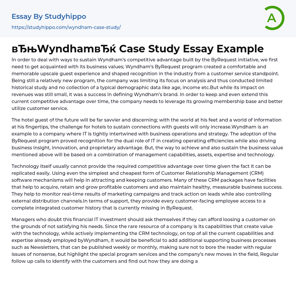 “Wyndham” Case Study Essay Example