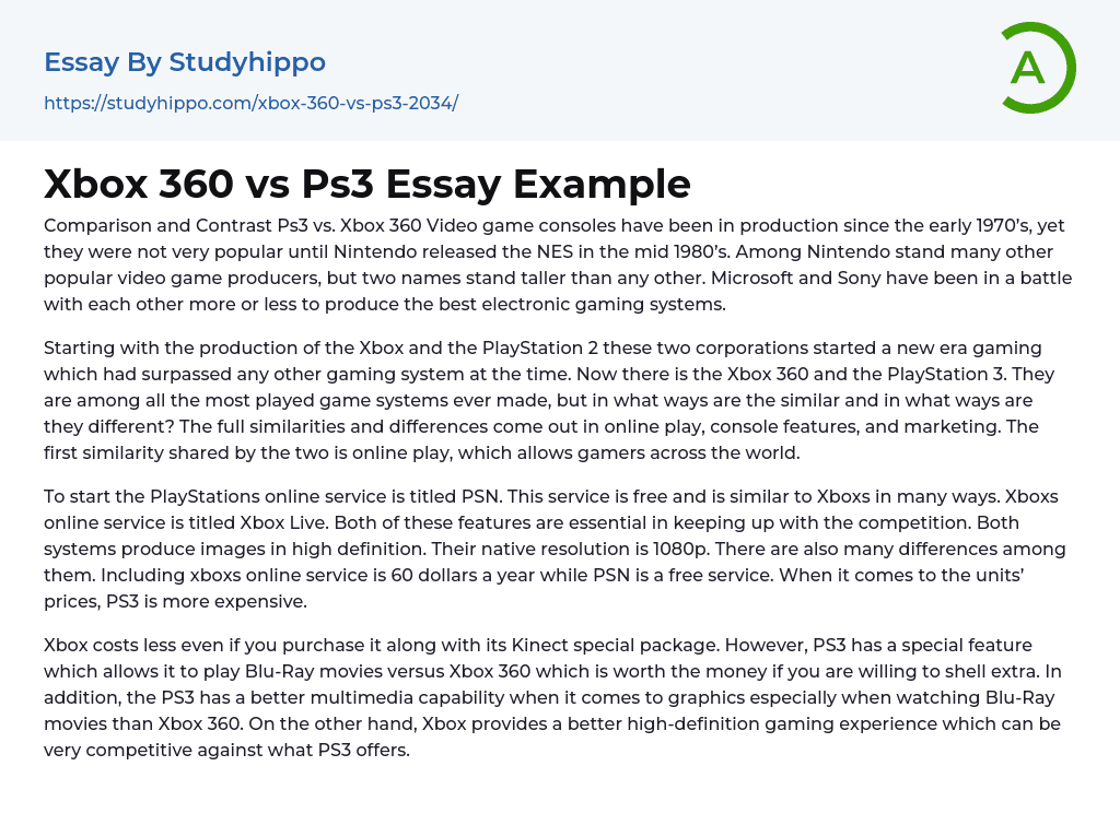 Xbox 360 vs Ps3 Essay Example