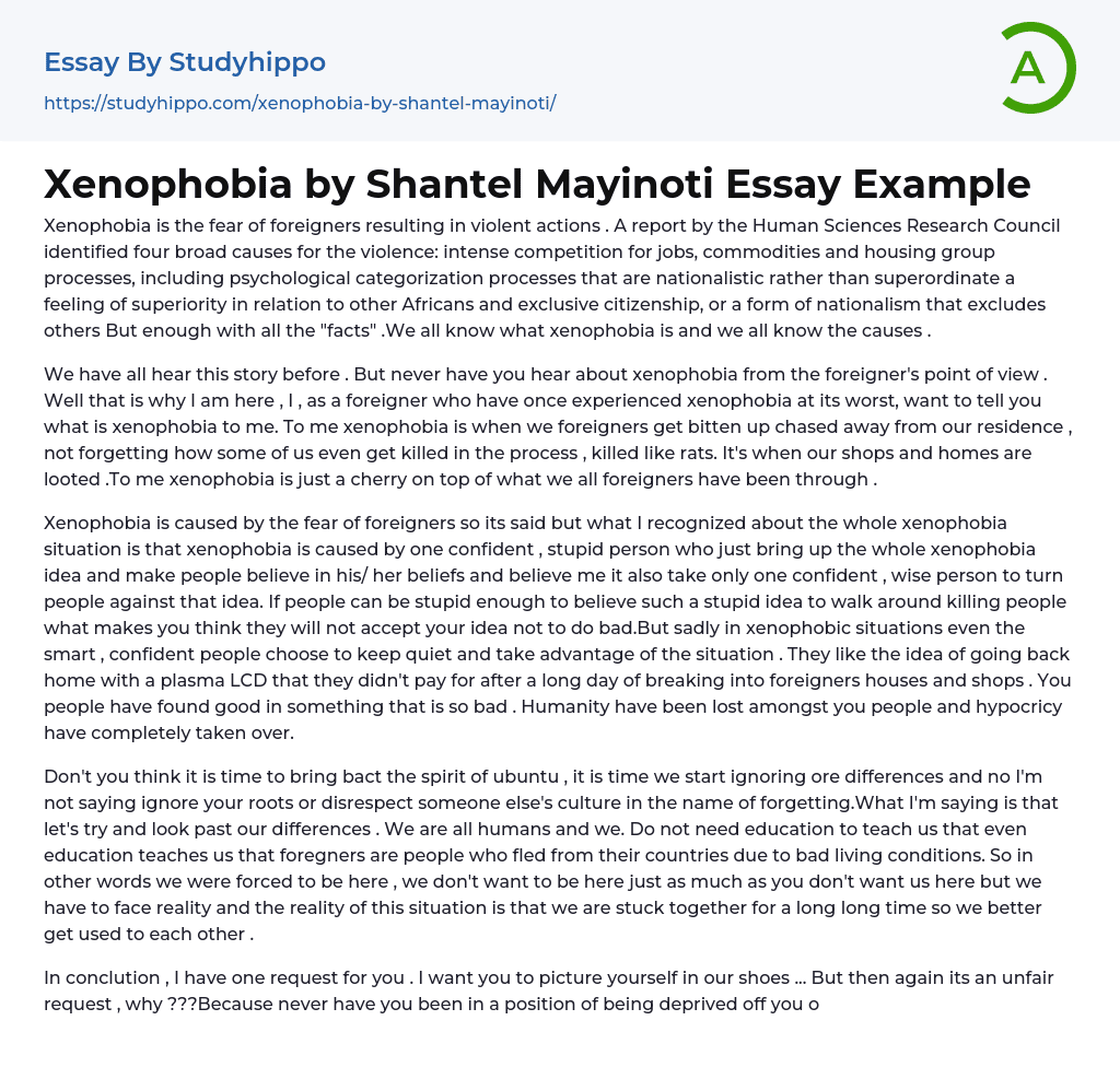 Xenophobia by Shantel Mayinoti Essay Example