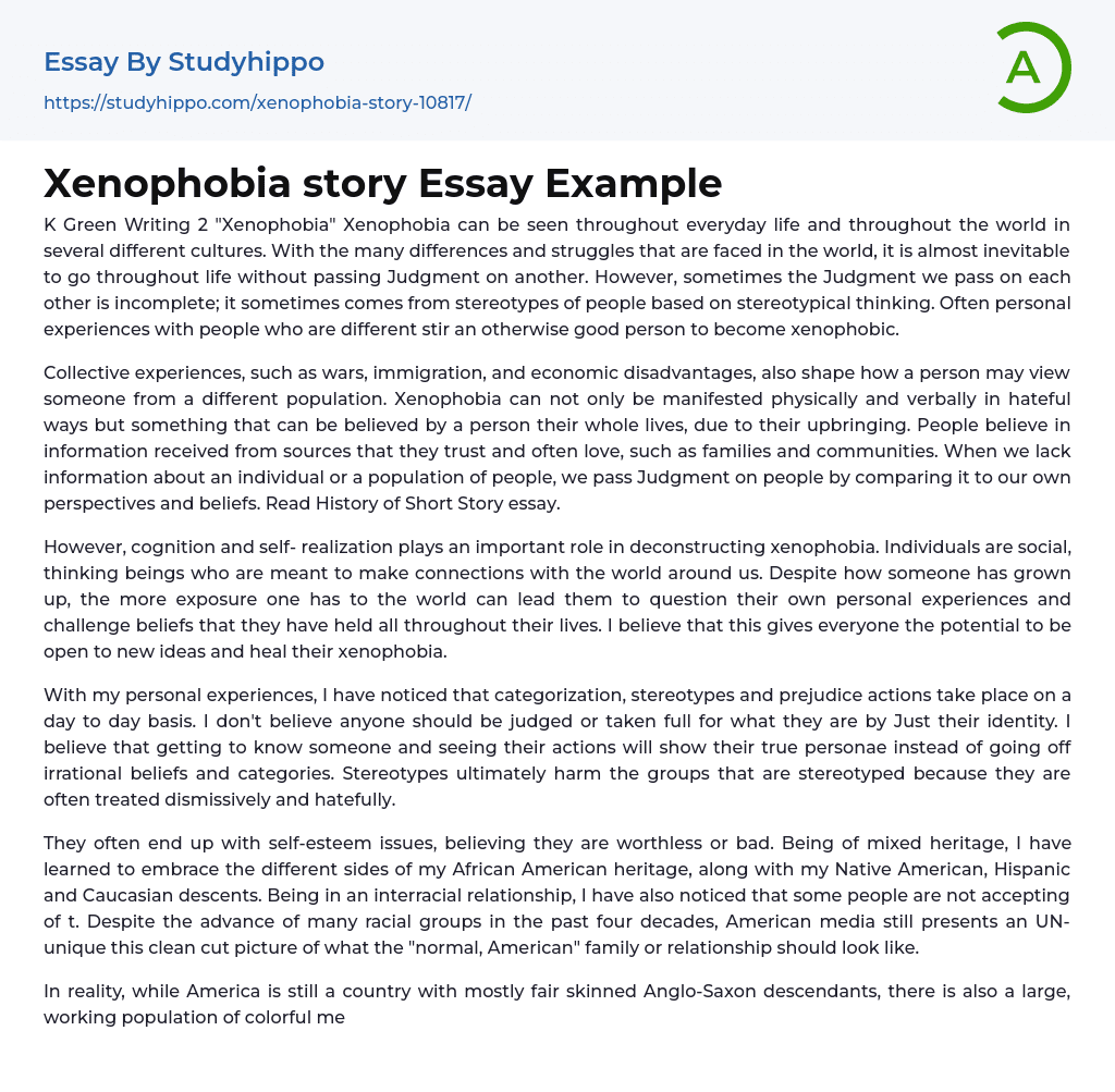 Xenophobia story Essay Example