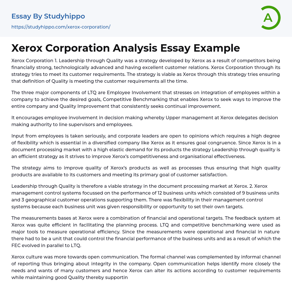 Xerox Corporation Analysis Essay Example